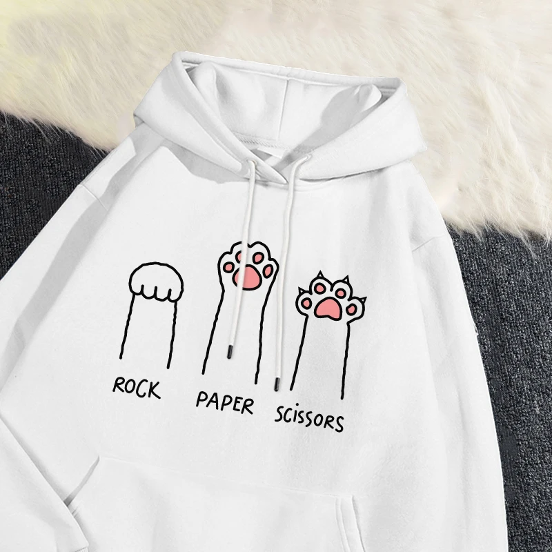 Kawaii Womans Hoodies Rock Paper Scissors Funny Cat Printing Pullover Soft Breathable Loose Sweatshirt Autumn Winter Sportswear - Image 5