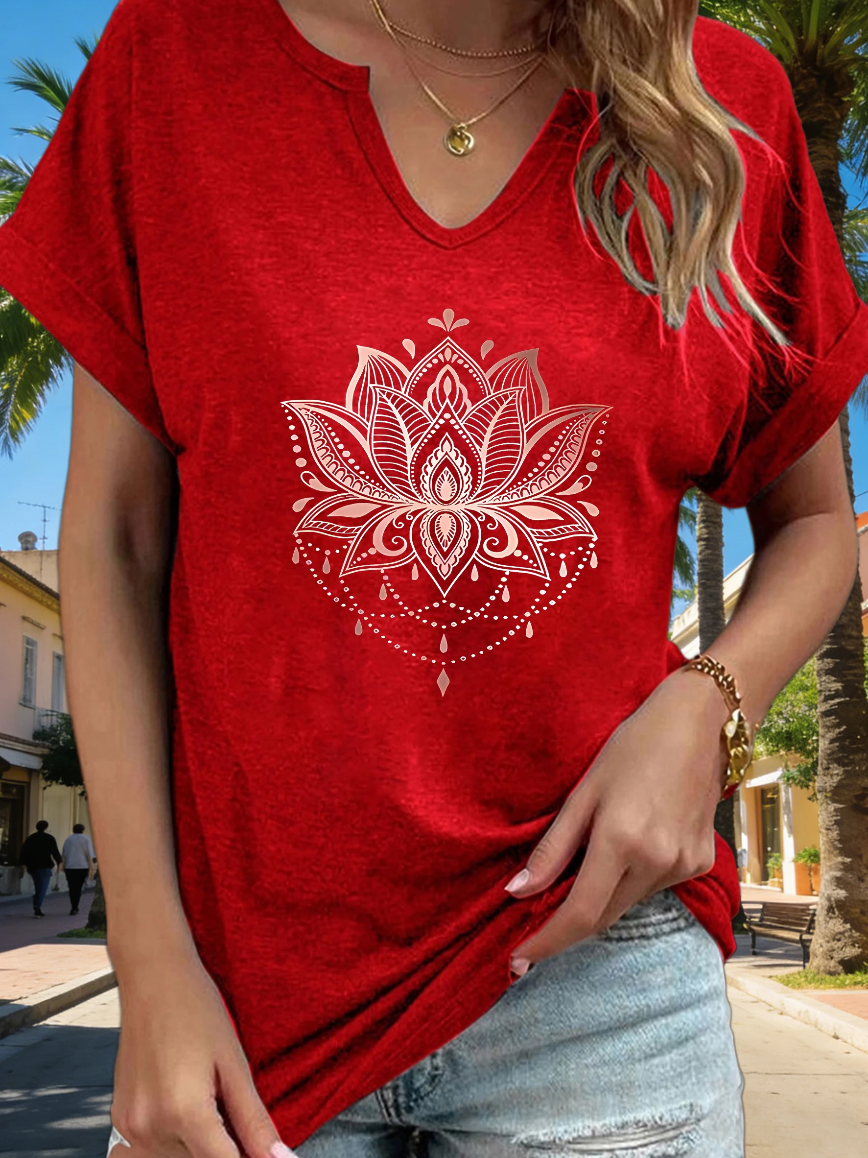 Women's V-Neck Mandala Lotus Graphic Tee, Boho Floral Print T-Shirt, Casual Loose Short Sleeve Daily Fashion Top - Image 3