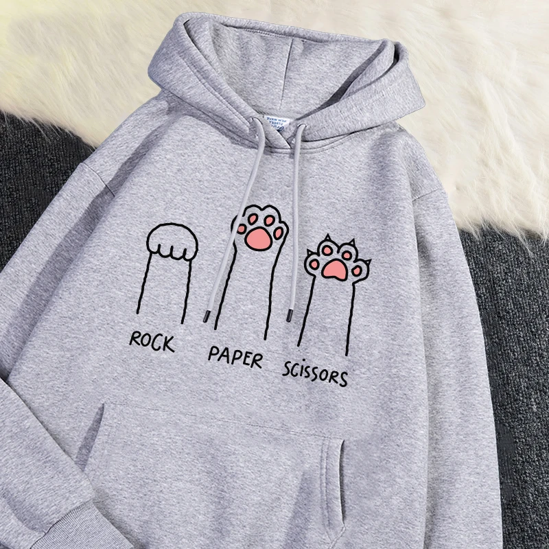 Kawaii Womans Hoodies Rock Paper Scissors Funny Cat Printing Pullover Soft Breathable Loose Sweatshirt Autumn Winter Sportswear - Image 4