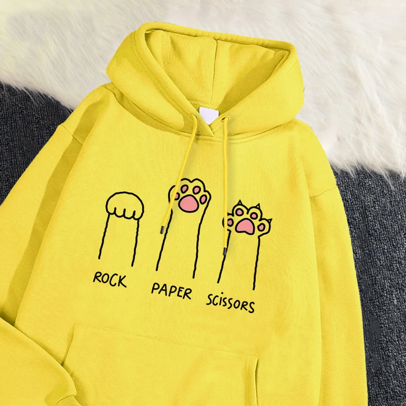Kawaii Womans Hoodies Rock Paper Scissors Funny Cat Printing Pullover Soft Breathable Loose Sweatshirt Autumn Winter Sportswear - Image 3