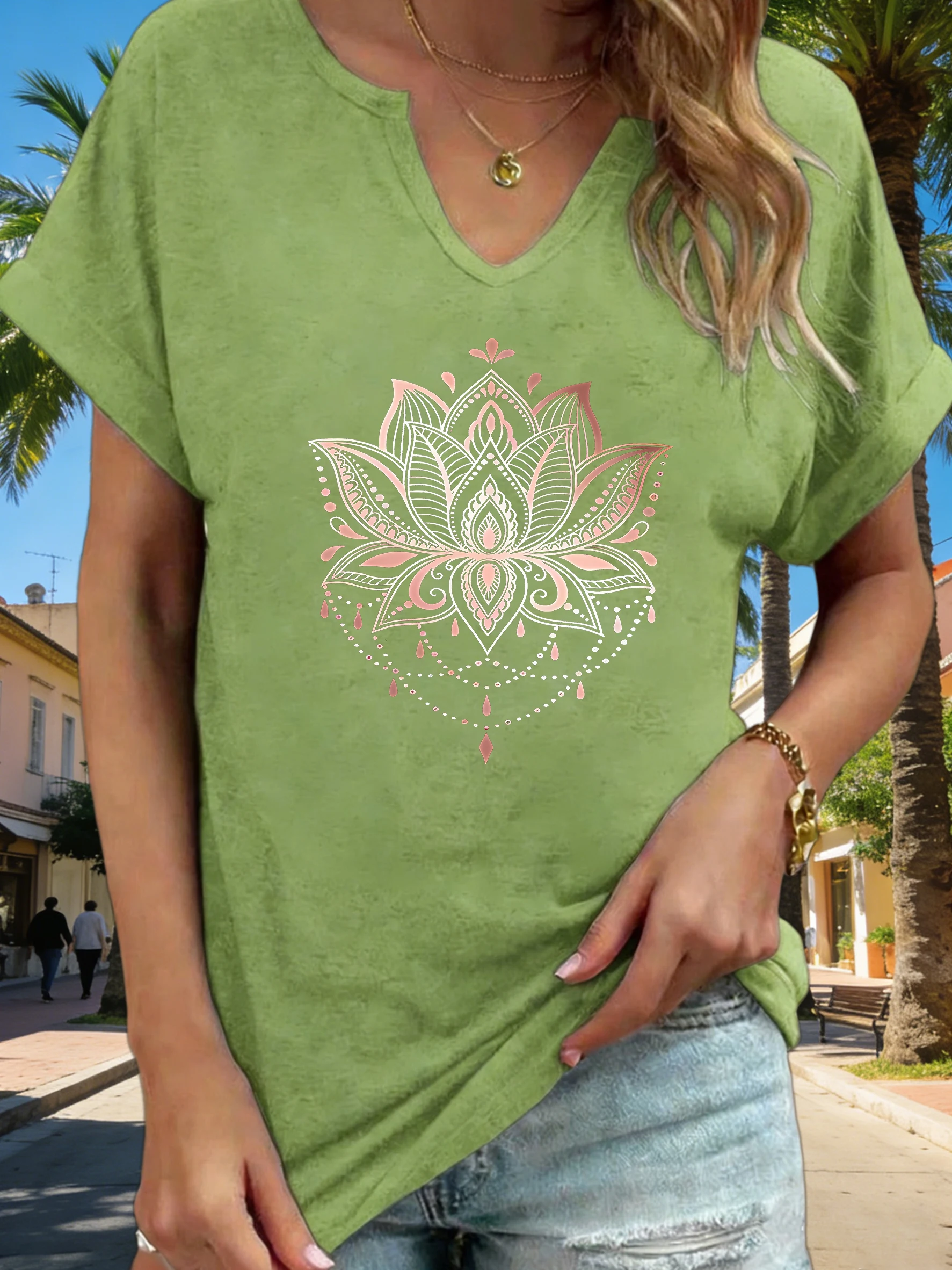 Women's V-Neck Mandala Lotus Graphic Tee, Boho Floral Print T-Shirt, Casual Loose Short Sleeve Daily Fashion Top - Image 2