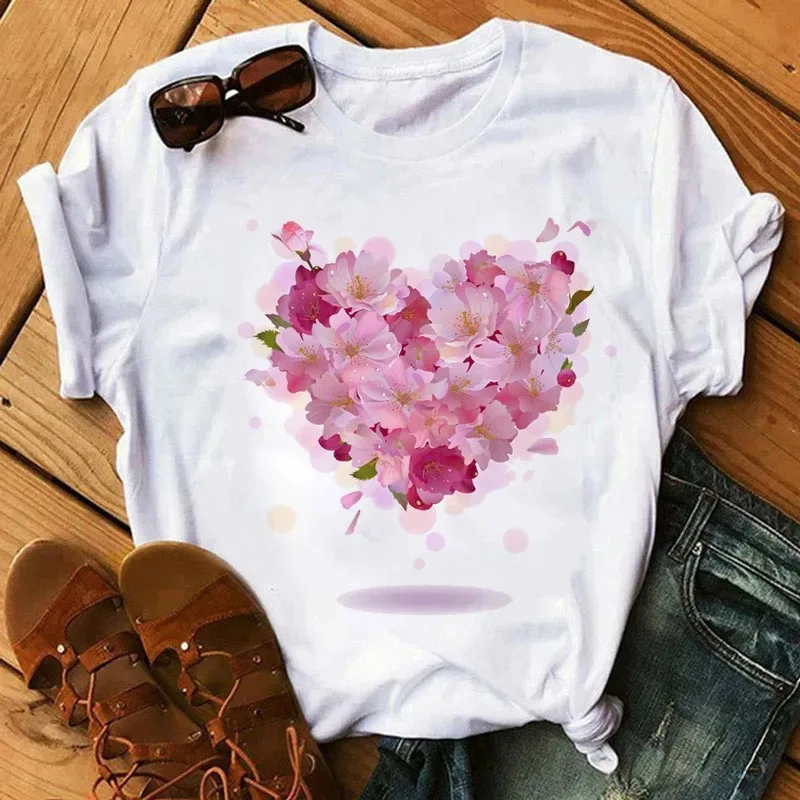26 Letters Print T-Shirt Alphabet with Pink Flower Harajuku White Graphic Tee Casual Short Sleeve Lady Y2k Tops Women's Clothing - Image 2