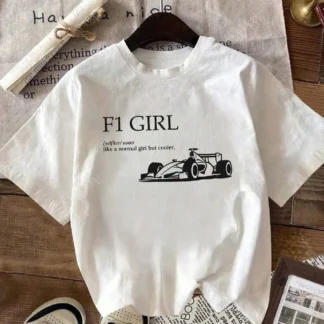 Women's Casual Retro Cool Girl F1 Racing Printed Round Neck Short Sleeved T-Shirt Daily White T-Shirt Graphic T Shirts Vintage
